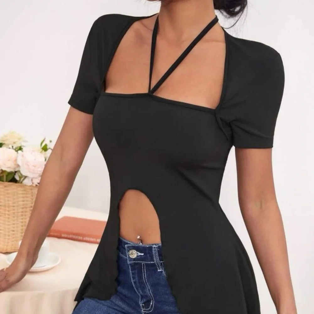 New Sexy Black Plain Asymmetrical Hem Tie Back Halter Short Sleeve Top - Picture 5 of 13